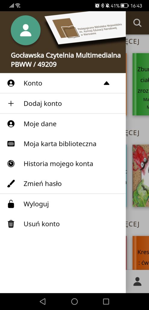 Smartfon wyświetlający MENU aplikacji.