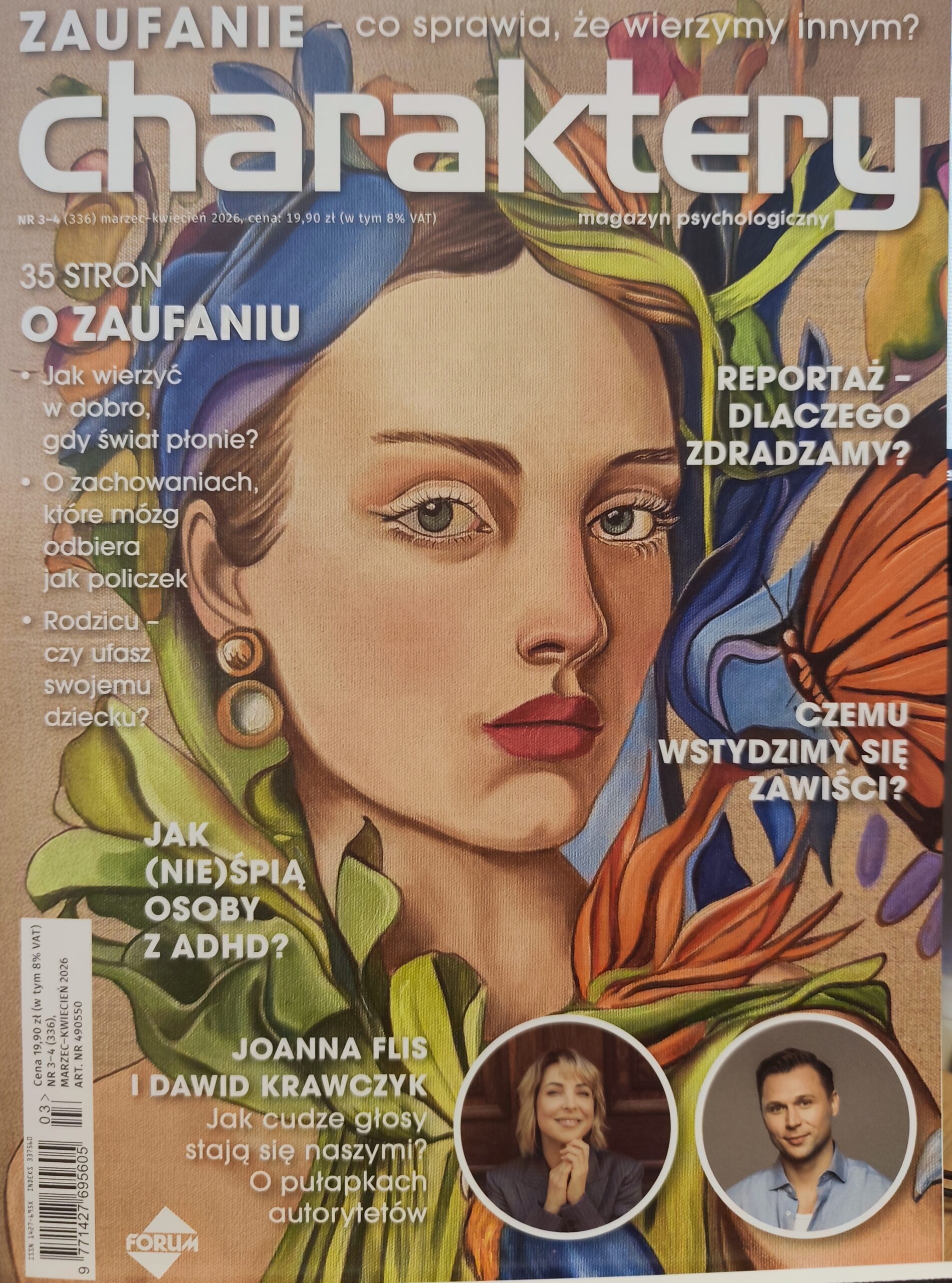 Na obrazku znajduje się twarz kobiety o włosach w kolorze blond. Włosy związane z tyłu, na uszach średnie okrągłe kolczyki. Wokół twarzy znajdują się pomarańczowe i niebieskie kwiaty oraz pomarańczowy motyl.