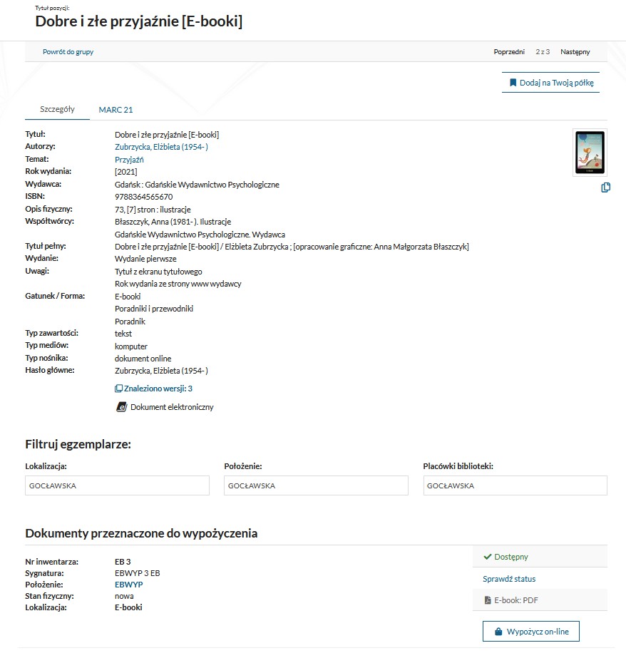 Widok karty katalogu z opisem e-booka