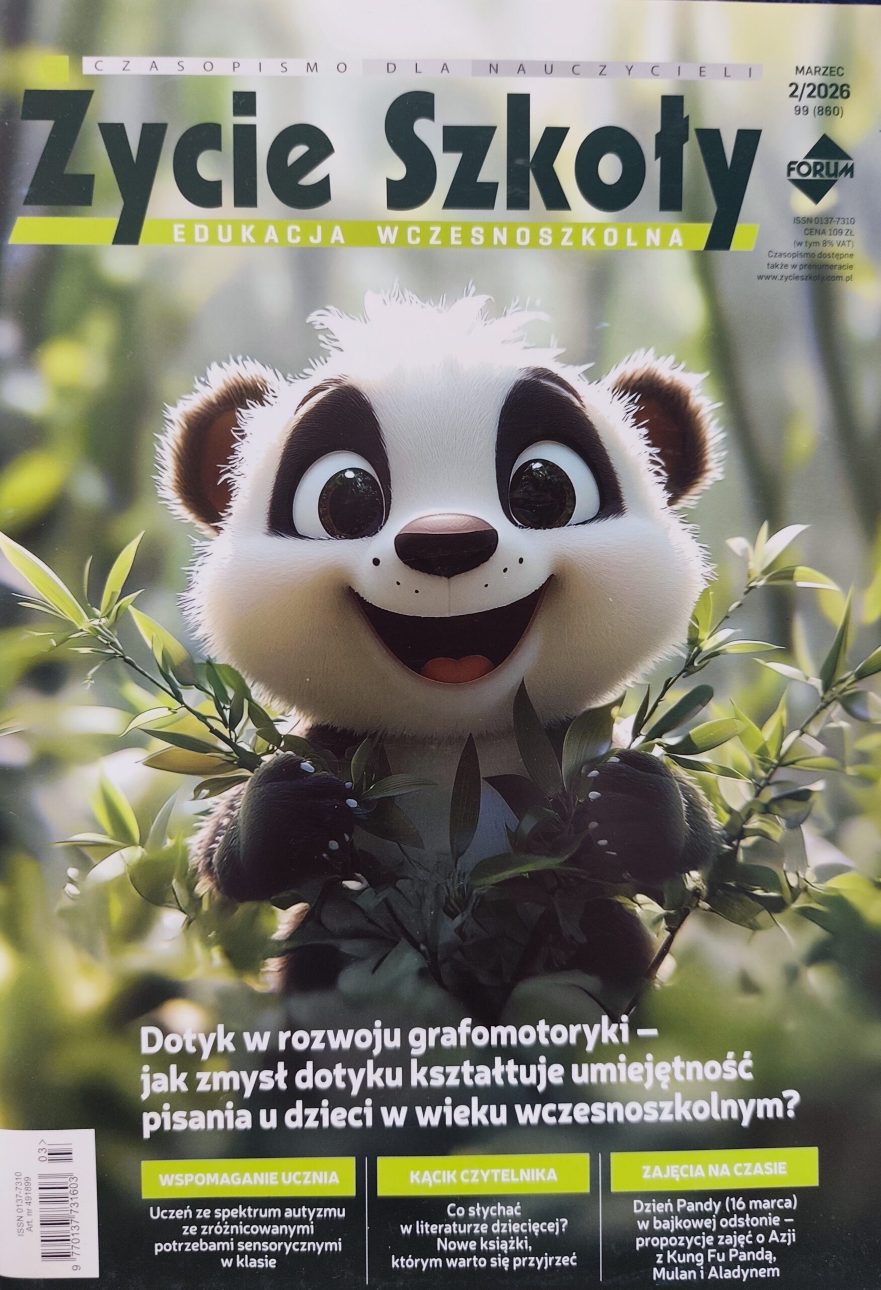 Na drzewie bambusowym siedzi uśmiechnięta animowana panda.