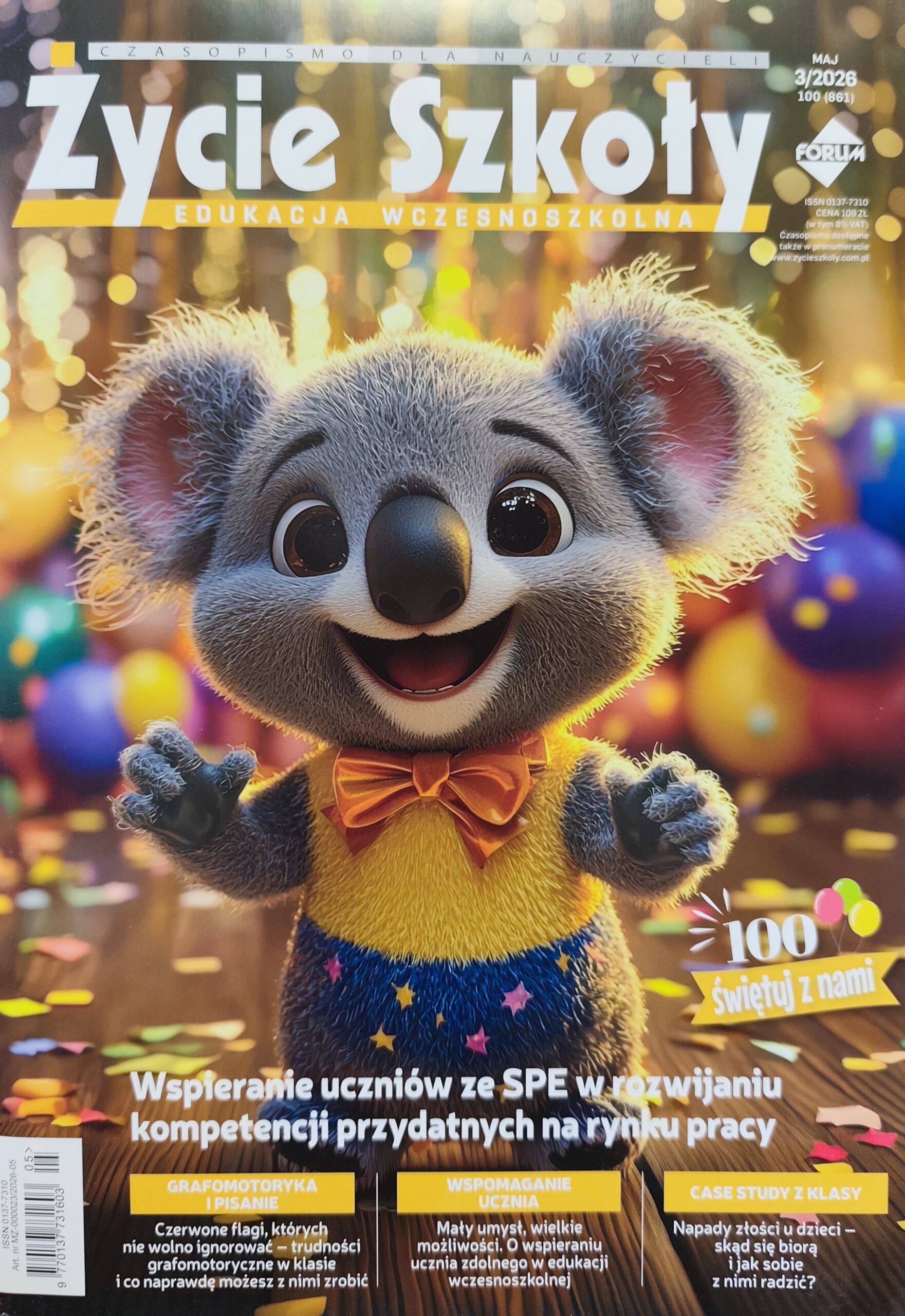 Na okładce znajduje się obrazek wygenerowany przez AI, a na nim koala z uśmiechem, który spogląda w stronę obiektywu. W otoczeniu napompowanych baloników i konfetti rozsypanego na podłodze.