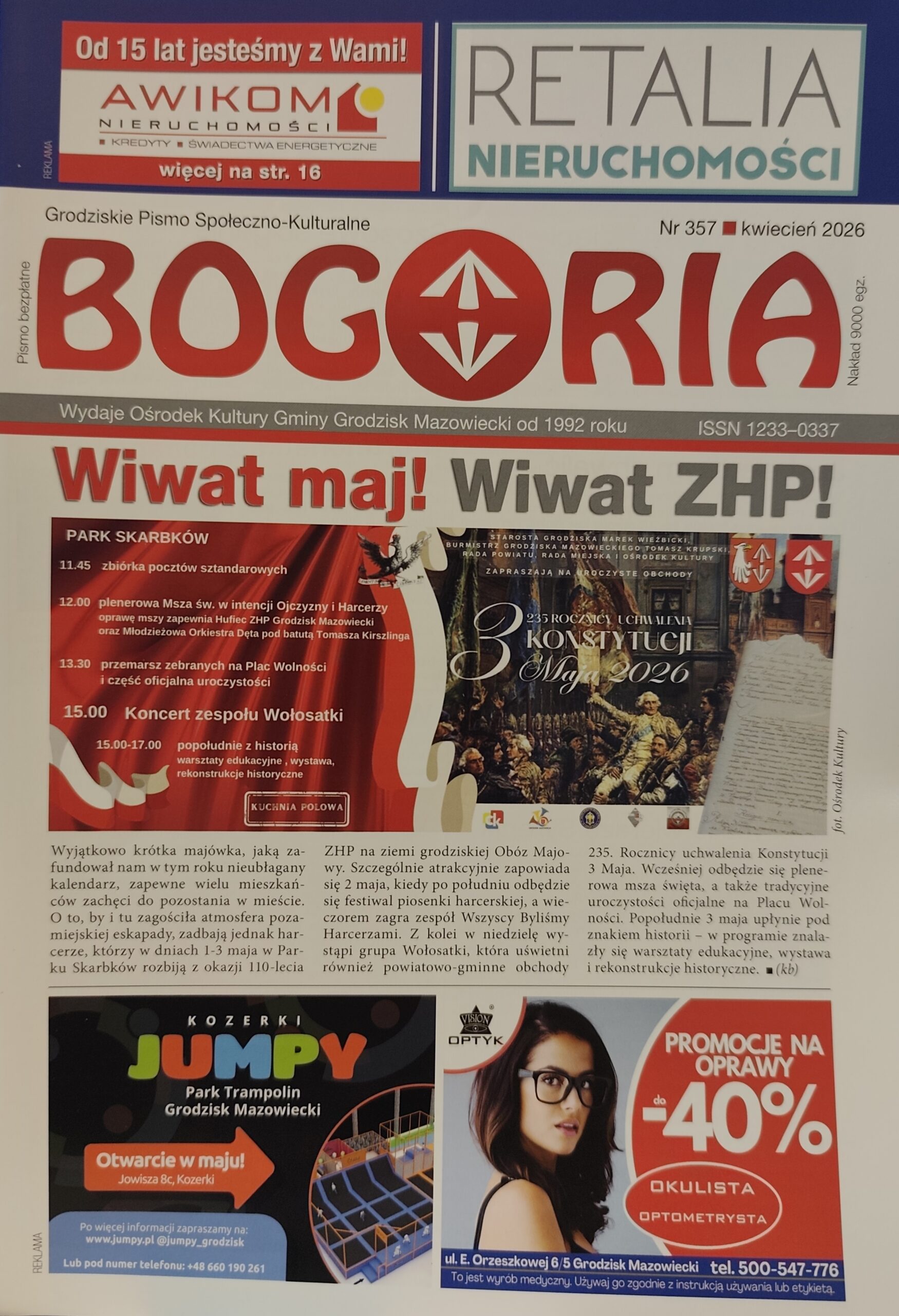 Na okładce plakat i harmonogram wydarzeń związanych z 235. Rocznicą uchwalenia Konstytucji 3 Maja w parku Skarbków w Grodzisku Maz. oraz reklamy.