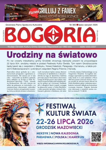 Na okładce ogłoszenie dotyczące Festiwalu Kultur Świata w Grodzisku Mazowieckim. Uśmiechnięta twarz indiańskiej dziewczyny w pióropuszu indiańskim z koralikami i piórami, dwa warkocze, na szyi naszyjnik z kolorowych małych koralików.