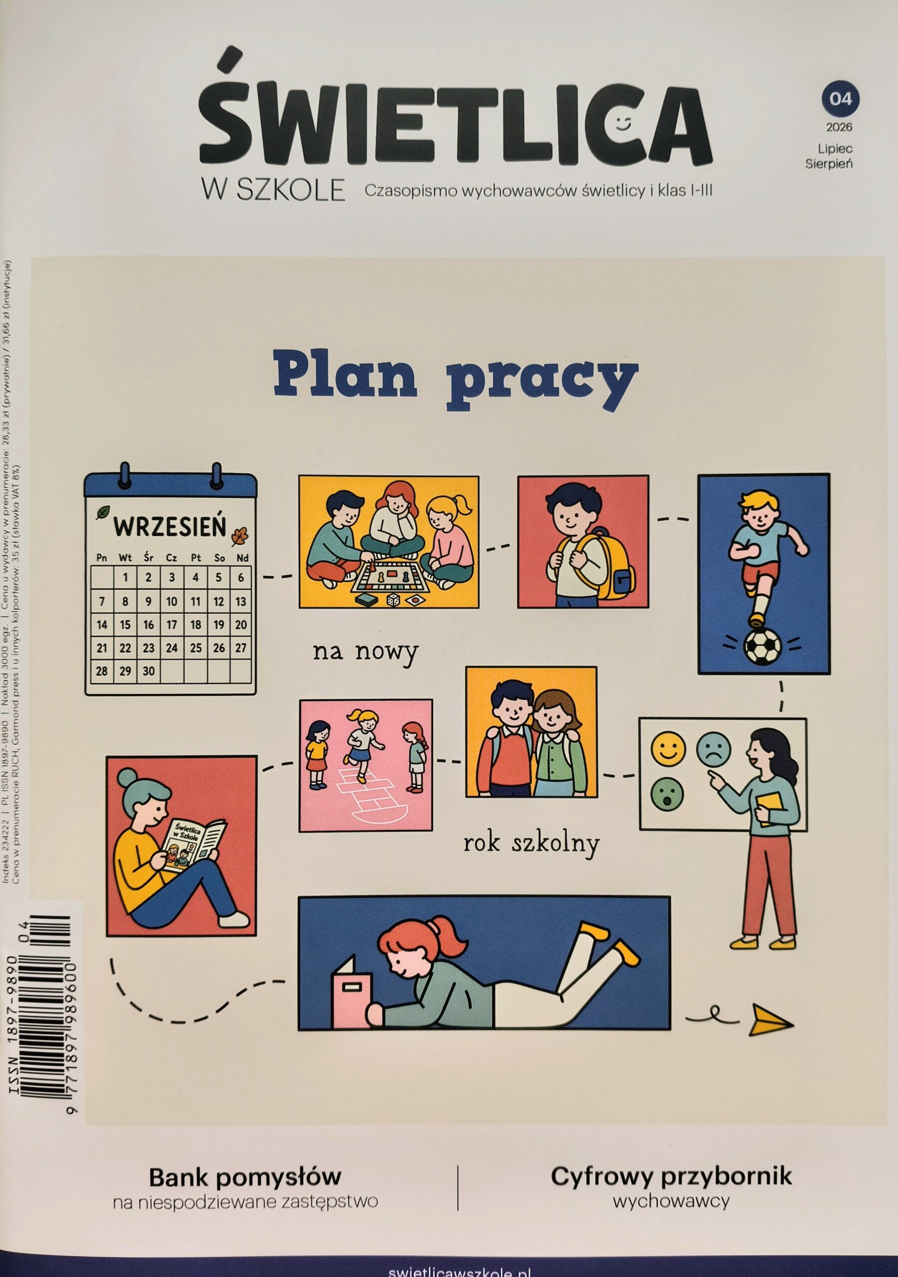 Okładka magazynu „Świetlica w szkole” z tytułem na górze i dużym napisem „plan pracy” zobrazowanym przez kolorową grafikę.