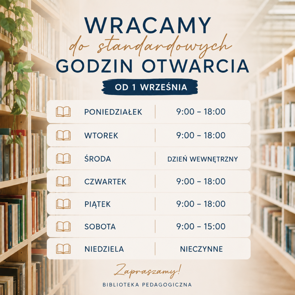 Półki z książkami w tle, z przodu napis o tym, że od 1 września biblioteka wraca do standardowych godzin otwarcia, pod tym podane są godziny dla poszczególnych dni tygodnia.