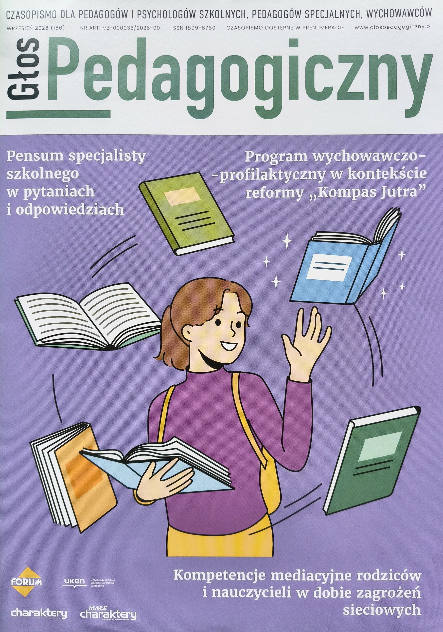 Okładka czasopisma "Głos Pedagogiczny" z grafiką przedstawiającą kobietę żonglującą książkami na fioletowym tle. Wokół niej napisy, u góry zielonymi literami podany tytuł czasopisma.