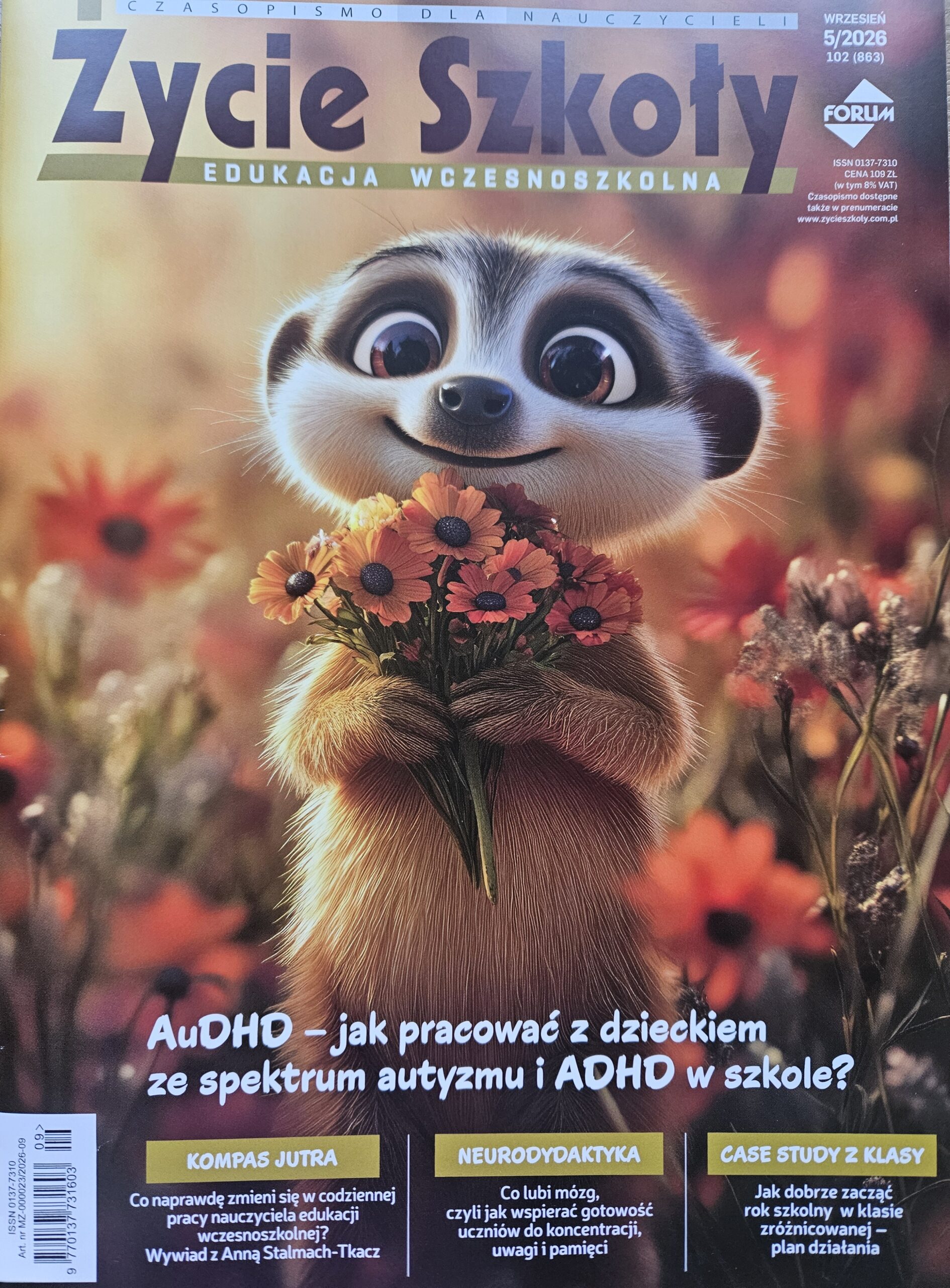 Okładka czasopisma z grafiką zwierzątka trzymającego bukiet kwiatów. Nad i pod grafiką napisy.
