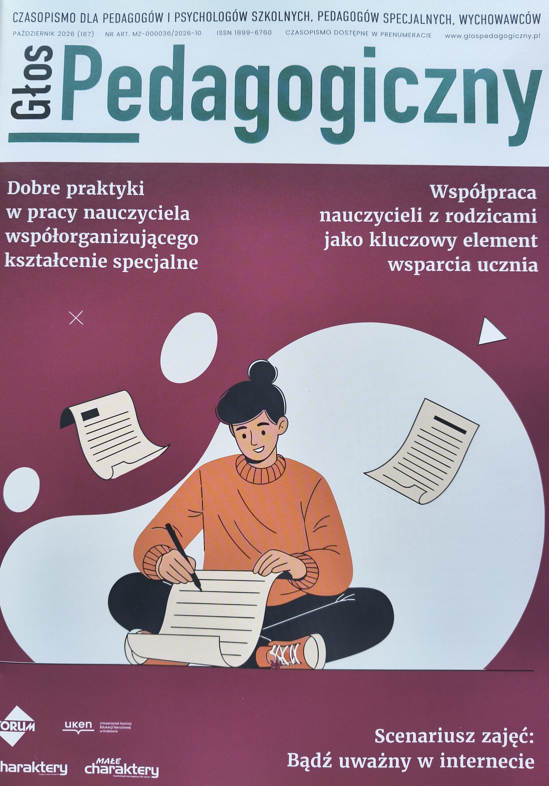 Okładka czasopisma "Głos Pedagogiczny" z napisami w różnych miejscach wokół graficznego przedstawienia osoby piszącej coś na kartce.
