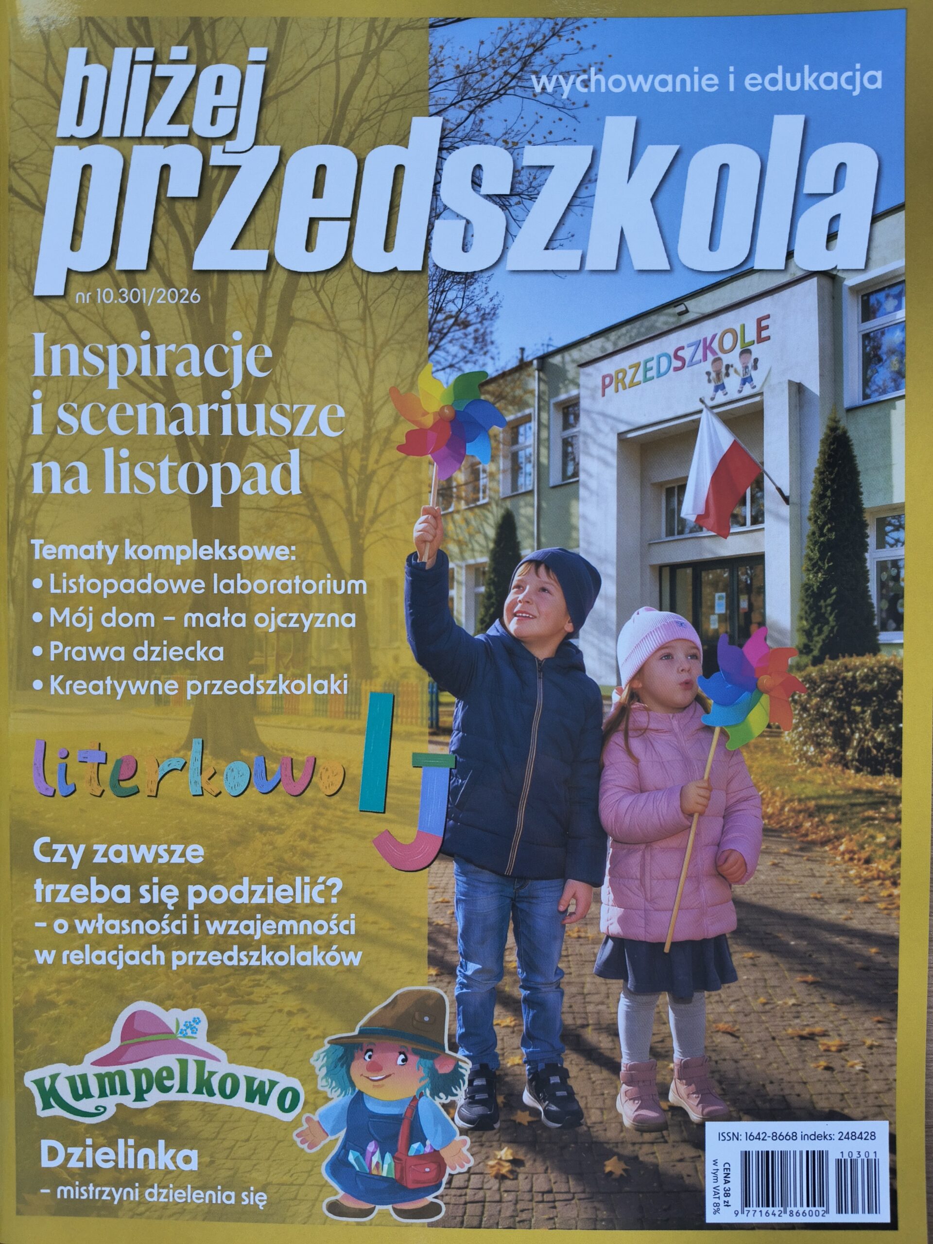 Okładka czasopisma "Bliżej przedszkola". Po lewej stronie napisy na żółtym tle, po prawej stronie zdjęcie chłopca i dziewczynki z tęczowymi wiatraczkami na tle przedszkola.